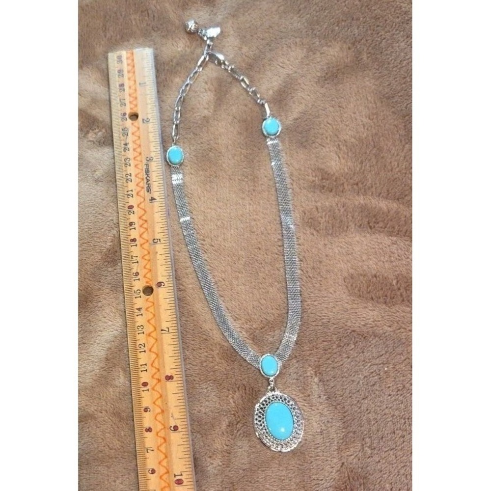 Park Lane Turquoise Statement Necklace Silver Tone Mesh Chain Drop Pendant - Picture 7 of 7